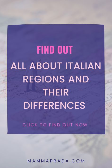 All about Italian regions and their differences - ITALY is written in pink on a navy blue background. Behind this is a very feint photo of a map Italian Farm, Aosta Valley, Stone Town, Regions Of Italy, Quaint Village, Adriatic Sea, Visit Italy, Medieval Town, Fishing Villages