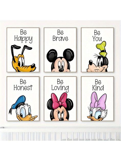 1/6pcs Unframed Vibrant Disney Theme Canvas Posters - Mickey Mouse And Friends Inspirational Quotes Artwork - Perfect Wall Decor For Bedroom, Office, Living Room, Cafe, Bar, Home, And Dormitory Decoration With Canvas Wall Art, Artwork Wall Painting, And Gift Idea Pink Cartoon   Canvas  Unframed Painting   Home Decor, size features are:Bust: ,Length: ,Sleeve Length: Minnie Mouse Canvas Paintings, Disney Living Room Ideas, Friends Inspirational Quotes, Mickey Mouse Bedroom Decor, Mickey Room, Cafe Bar Home, Disney Canvas Paintings, Mickey Mouse Bedroom, Quotes Artwork