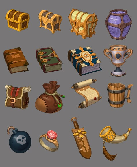 ArtStation - Items design, Donghun Lee Fantasy Items Design, Props Design Concept, Prop Sheet Concept Art, Game Props Concept Art, Props Design, Rpg Game Design, Pirate Props, Idle Game, Props Concept