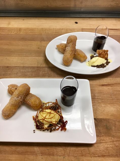 Churros, Chocolate Sauce, and Vanilla Ice-cream Plated Dessert 🍨 Churros Plating Ideas, Churros Plating, Ice Cream Plating, Plating Ideas, Plated Dessert, Plate Presentation, Fun Foods, Delicious Sandwiches, Plated Desserts