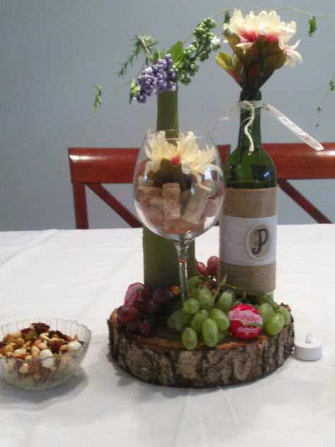 Wine Themed Centerpieces Bridal Showers, Napa Themed Party Wine Tasting, Wine Theme Party Decorations, Wine Tasting Centerpiece Ideas, Wine Party Centerpiece Ideas, Napa Valley Themed Birthday Party, Fine Like Wine Birthday Theme, Winery Themed Bridal Shower Decor, Wine Tasting Decor