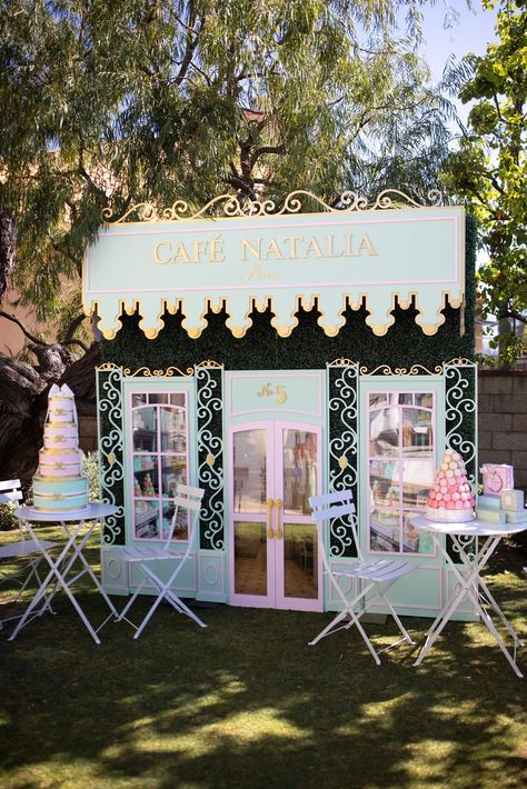 16 Tres Chic Paris Theme Party Ideas — Sugar & Cloth Diy French Cafe Awning, Bonjour To Four Birthday, Storefront Backdrop, Cafe Birthday Party, Box Birthday Cake, Parisian Birthday Party, Paris Themed Birthday Party, Parisian Party, Paris Birthday Parties