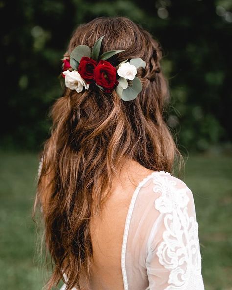 Fall Wedding Hairstyles For Brides And Guests ❤ fall wedding hairstyles rustic half up updosbykarina #weddingforward #wedding #bride #weddinghairstyles #fallweddinghairstyles Bridal Hair With Roses, Wedding Hairstyles With Roses, Half Flower Crown Wedding, Half Up Half Down Wedding Hair Flower Crown, Half Up Wedding Hair With Flowers, Half Up Half Down Hair Flowers, Half Up Hair With Flowers, Half Up Half Down Wedding Hair With Flowers, Hairstyles With Red Roses