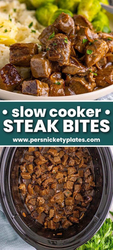 Slow Cooker Steak Bites, Slow Cooker Steak, Steak Bites Recipe, Over Mashed Potatoes, Easy Crockpot Dinners, Clean Protein, Crockpot Dishes, Steak Bites, Beef Recipes Easy