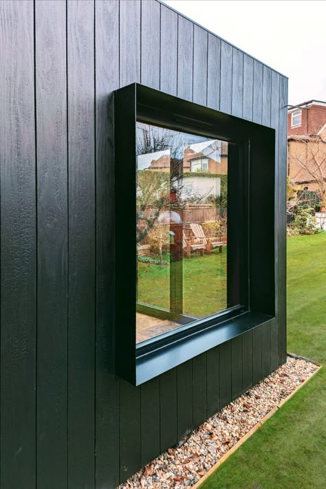 Projecting aluminium window surround Zinc Cladding Extension, External Window Trim, Steel Cladding House Exterior, Black Garden Room, Window Surround Exterior, Charred Timber Cladding, Timber Cladding Exterior Facades, Black Cladding Exterior, Metal Cladding House Exterior