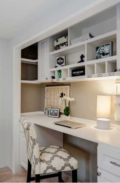 31 Closet Office Desk Design Ideas | Sebring Design Build Guest Bedroom Home Office, Closet Desk, Desk Nook, Home Office Closet, Office Desk Designs, Closet Office, Small Home Offices, Office Nook, Office Guest Room