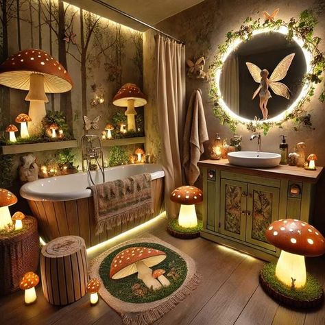 Mushroom Room Decor Ideas, Fairy Theme Room Ideas, Mushroom Theme Bathroom, Mushroom Themed Bathroom, Mushroom Bathroom Ideas, Fairy Bathroom Ideas, Mushroom Themed Room, Fairy Themed Room, Mushroom Bathroom