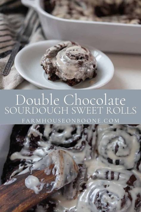 Make the most decadent double chocolate sourdough sweet rolls. A rich chocolate dough is rolled up with a chocolate filling sprinkled with chocolate chips, and topped with a sweet icing. #farmhouseonboone #sourdoughchocolaterolls #chocolatesourdoughrolls #sourdoughsweetrolls Chocolate Dough, Chocolate Sourdough, Recipe Using Sourdough Starter, Sourdough Rolls, Sourdough Cinnamon Rolls, Sourdough Starter Discard Recipe, Homemade Sourdough Bread, Artisan Bread Recipes, Sourdough Starter Recipe