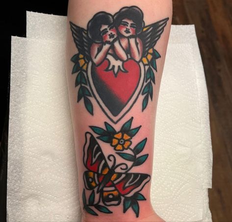 Black Cupid Tattoo, Cherub Heart Tattoo, Heart Bow Tattoo, American Traditional Cherub, Matching Traditional Tattoos, Traditional Cherub Tattoo, American Traditional Heart Tattoo, Traditional Angel Tattoo, Husband Tattoos