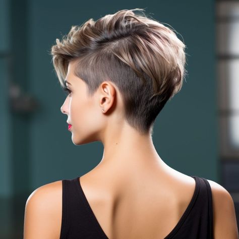 40 Low maintenance short haircuts To Make Life Easy Edgy Undercut Bob, Hi Low Haircut Women, Back Of Pixie Haircut Neckline Fine Hair, Back Of A Pixie Cut, Short Edgy Pixie Cuts Shaved Sides, Short Pixie Bobs, Edgy Short Hair Pixie, Ladies Short Hairstyles, Cabelo Pixie Cut