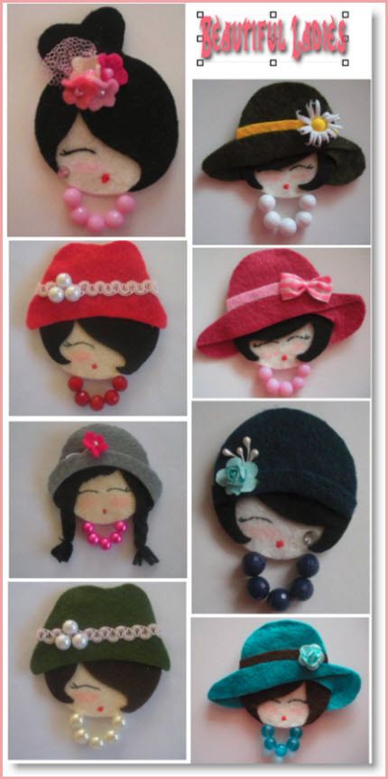 Adorable idea, felt ladies' heads. This site suggests making them the size of CDs and adding a pocket on the back for secrets, messages or special items. Baby Mobil, Doll Brooch, Cd Crafts, Mode Crochet, Felt Jewelry, Felt Patterns, Felt Brooch, Felt Diy, Felt Dolls