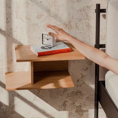 noo.ma on Instagram: "Tann Bedside Shelf is here - come say hi! This modern shelf, hung by the side of your bed, will allow you to keep your essentials within easy reach. Discover more in stories. #nooma #shelfdesign #interiordesign" Floating Night Stand Ideas, Hanging Nightstand, Floating Bedside Shelf, Traditional Nightstand, Bedside Shelf, Bedroom Nightstand, Modern Shelf, Large Candle Holders, Night Stands