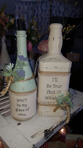 Repurposed whiskey and wine bottle.   YOU BE MY GLASS OF WINE I'LL BE YOUR SHOT OF WHISKEY. #allthingsrepurposed #179rosemontstreet #haverhillmass #whiskey #repurposed bottles Whiskey Bottle Crafts, Diy Bottles, Wine Crafts, Wine Bottle Project, Diy Wedding Centerpieces, Bottle Decorations, Wine Bottle Centerpieces, Liquor Bottle Crafts, Bottle Centerpieces