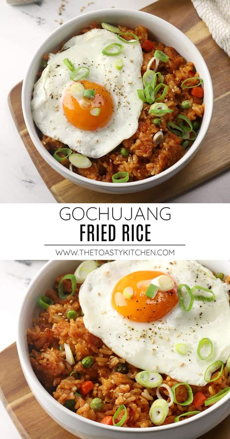 Gochujang fried rice recipe by The Toasty Kitchen. Gochujang fried rice is a simple weeknight meal to make with leftover cooked rice and veggies. This Korean fried rice dish is seasoned with a spicy gochujang sauce and topped with a sunny-side-up egg. #gochujangfriedrice #friedrice #weeknightmeals #comfortfood #simplemeals Easy Korean Rice Recipes, Korean Rice With Egg, Rice And Kimchi Recipe, Recipes That Use Gochujang, Gochujang Rice Bowl, Gojuchang Fried Rice, Gochujang Breakfast, Rice Recipes Korean, Recipes With Gojuchang