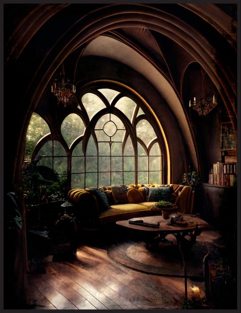 living room with art nouveau arch window, yellow sofa with green pillows, plant, cozy living space, witchy, academia, dark amber, misty, interior design, large windows Green Witch Apartment Aesthetic, Art Nouveau Dark Academia, Green Academia House, Dark Art Nouveau Interior Design, Dark Academia Front Porch, Dark Academia Aesthetic House Interior, Witchy House Aesthetic Living Room, Green Academia Living Room, Interior Design Witchy