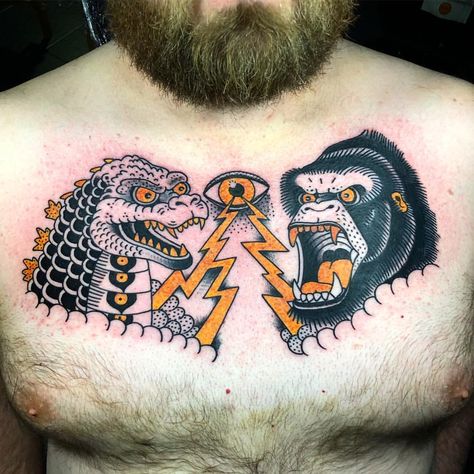 DENO auf Instagram: „@sevendoorstattoo one shot tattoo on John!! Wish you a good trip back home after Ghana and London!! You did it great!! #sevendoorstattoo…“ Traditional Godzilla Tattoo, King Kong Tattoo, Godzilla And King Kong, Kong Tattoo, Nintendo Tattoo, Godzilla Tattoo, Don King, Good Trip, King Kong Vs Godzilla