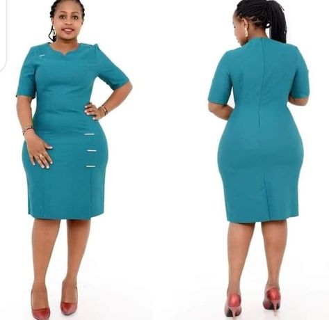 Turquoise green dress with side metallic embellishments. Official Outfits For Women Dress, Office Wear For Plus Size Women, Latest Office Dresses For Ladies, Official Dresses For Women, Official Wear For Ladies, Office Dress Style Work Wear, Fashion Outfits Office, African Office Wear, Office Dresses For Women Work Attire