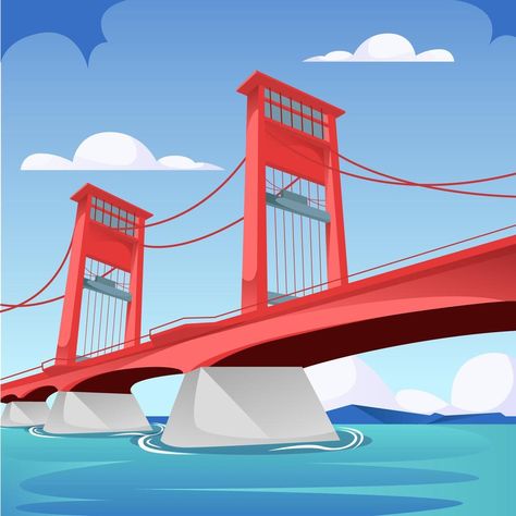 AMPERA Bridge in South Sumatra Indonesia. famous landmark building in sunset landscape concept in cartoon illustration vector South Sumatra, Landmark Buildings, Landscape Concept, Design Clothing, Sunset Landscape, Famous Landmarks, Aesthetic Stickers, Illustration Vector, Cartoon Illustration