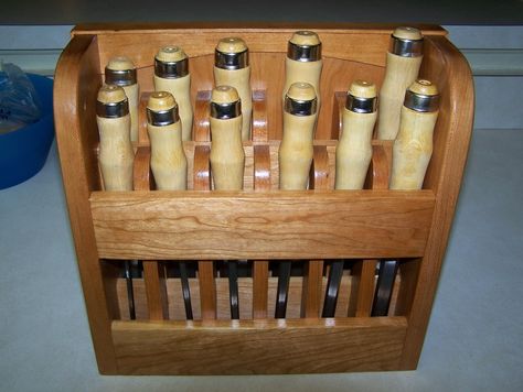 A nicely crafted chisel storage rack made from Cherry! French Cleat Tool Storage, Chisel Storage, Chisel Rack, Lumber Rack, The Wright Brothers, Woodworking Organization, Woodworking Chisels, Workbench Plans Diy, Woodworking Tools Storage