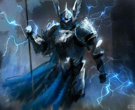 Storm Giant Fantasy Art, Dnd Lightning Paladin, God Of Storms Fantasy Art, Storm God Fantasy Art, Storm Giant Art, Lightning Knight, Lightning Warrior, God Of Storms, Storm God