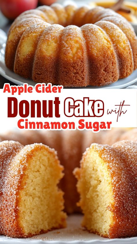 Apple Cider Donut Cake with Cinnamon Sugar Apple Cider Spice Cake, Apple Cider Cake Donuts Recipe, Apple Cinnamon Donut Recipe, Apple Cider Cake Recipe Easy, Apple Cider Donut Bread, Apple Cider Baking Recipes, Apple Cider Cake Recipe, Baked Apple Cider Donuts Recipe, Apple Cider Donut Cake Recipe