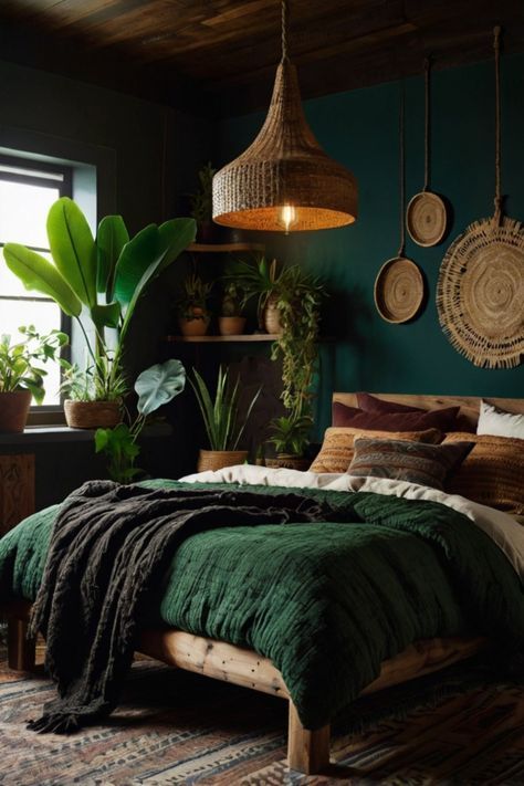 Dark Bedroom Esthetics, Dark Modern Boho Bedroom, Dark And Earthy Bedroom, Moody Earthy Interior Design, Dark Green Color Palette Colour Schemes, Dark Boho Bedroom Aesthetic, Boho Dark Bedroom, Dark Boho Aesthetic, Dark Aesthetic Bedroom Ideas