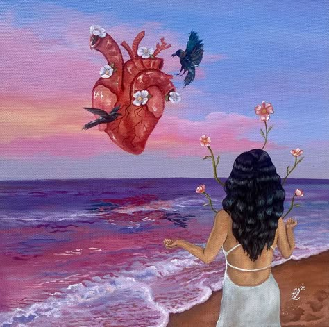 Manifestation Art Paintings, Surreal Heart Art, Spiritual Art Acrylic, Spiritual Funky Art, Trippy Woman Painting, Divine Feminine Art, Vision Art, Feminine Art, Original Art Prints