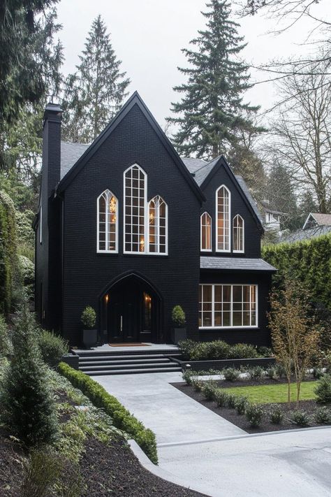 30 American Gothic Style Houses That Capture Historic Charm All Black Victorian House, Gothic Craftsman House, Gothic Interior Architecture, Black Gothic House Exterior, Gothic A Frame House, Goth Barndominium, Gothic Ranch House, Gothic Farmhouse Exterior, Goth Tiny House