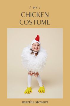 Why did the chicken cross the road? To go trick-or-treating of course. This funny costume is made from two tickly feather boas ordinary kitchen gloves tights and a pilot's cap that's crowned with a felt comb. Under the plumage two leotards are stuffed with batting for extra plumpness. #marthastewart #diyideas #crafts Chicken Costume Diy, Chicken Costume Kids, Animal Costumes Diy, Best Toddler Halloween Costumes, Baby Chicken Costume, Farm Costumes, Farm Animal Costumes, Animal Costumes For Kids, Sibling Halloween Costumes