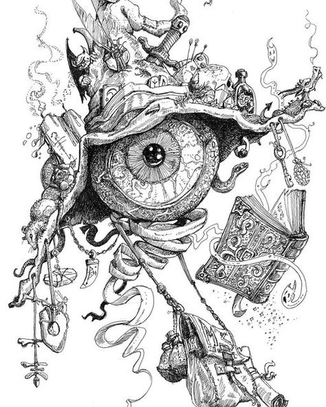 Michael Sheppard on Instagram: "Wizard Eye. A long overdue pic. #monster #d&d #inkdrawing #rpg #fantasylineart #fantasyartwork #fantasyartist #wizard #wizardshat #occult #sorcery #magic #weirdstuff" Magical Sketches, Wizard Sketch, Wizard Book, Wizard Tattoo Design, Wizard Drawing, Wizard Drawings, Wizard Tattoo, Monster Sketch, Monster Tattoo