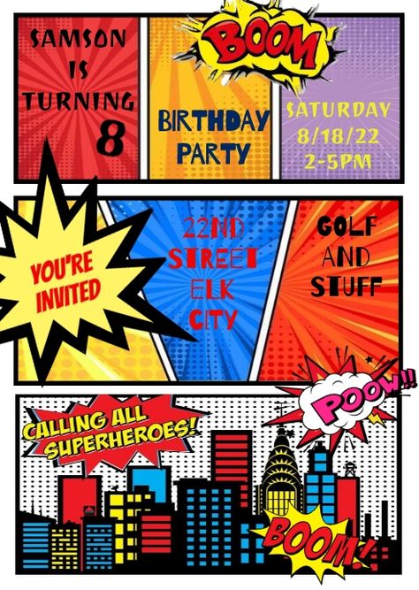 SUPER HERO BIRTHDAY INVITATION Superhero Birthday Invite Free Printable, Super Hero Invitations Free, Superhero Birthday Invitations, Superhero Invitations, All Superheroes, Invitation Design Template, Social Media Schedule, Superhero Party, Superhero Birthday