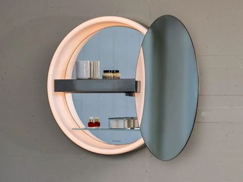 Round bathroom mirror with shelf LUNE D2W by Schneider Round Bathroom Mirror, Bathrooms Inspiration, Bathroom Mirror With Shelf, Hidden Shelf, Round Bathroom, Sophisticated Bathroom, Shaving Cabinet, Tv Wand, Illuminated Mirrors