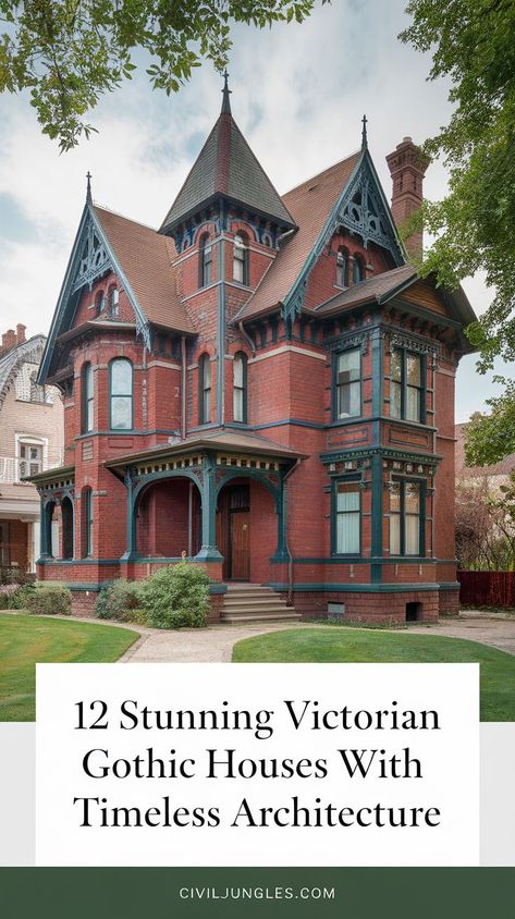 Dive into the world of Victorian Gothic house designs with these 15 breathtaking homes that showcase the elegance of dark, romantic architecture. Discover the intricate details, towering turrets, and stunning exteriors that blend classic Victorian style with Gothic revival. Perfect for those seeking a mysterious, timeless, and sophisticated touch in their home. Let these inspirations help you create your dream Victorian Gothic house, full of history and character. Gothic Revival House Exterior, Victorian Gothic House Exterior, Gothic House Exterior, Victorian Gothic House, Romantic Architecture, Neo Gothic Architecture, Gothic Revival House, Classic Homes, Timeless Architecture