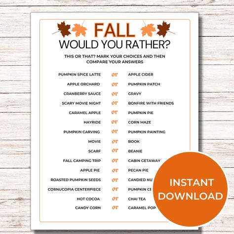 "Have fun this autumn with this fall This or That trivia game. It is a great way to add some fall themed activities to your party or family get together this season! This printable fall Would You Rather game is perfect for the entire family. This is a digital download. No Physical product will be sent. NO ANSWER KEY is included. This item is not editable. Included:  * 1 US letter game card  * 5\"x7\" game cards (2 per page on US letter) Instructions: * Download your game from the email Etsy will send you or from the purchases section of your Etsy account * Print your game (print and cut out if using 5\"x7\" game card) * Have fun playing * Contact me if you have any questions about this item" Fall This Or That Template, Fall Would You Rather Questions, This Or That Fall Edition, Fall This Or That, Printable Games For Adults, Fall Party Games, Scary Movie Night, Would You Rather Game, Fall Games