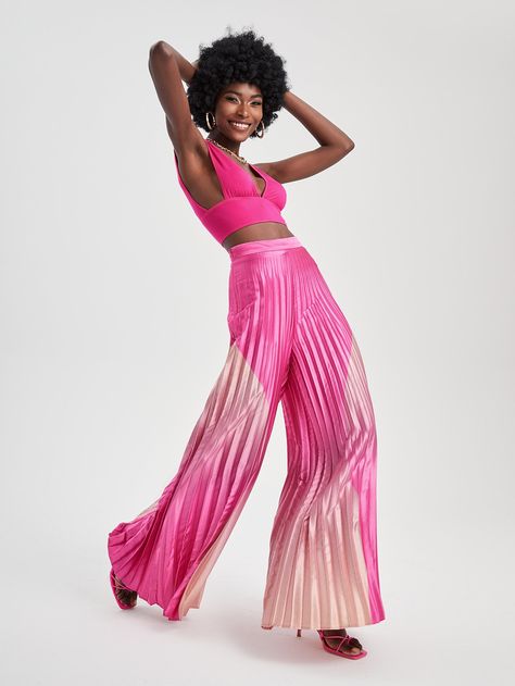 Multicolor Party Collar Sleeveless  Colorblock  Embellished Non-Stretch Summer Women Clothing Dance Photoshoot, Ruched Tank Top, Pleated Wide Leg Pants, Pink Maxi Skirt, Coord Sets, Lady Luck, Vacay Outfits, White Linen Pants, Stylish Summer Outfits