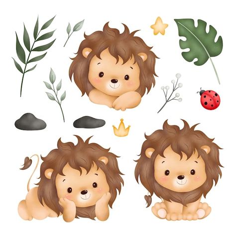 Watercolor illustration set of baby lion... | Premium Vector #Freepik #vector #tropical #nature #holiday #garden Baby Room Paintings, Bunny Nursery Art, Lion Nursery, Holiday Balloons, Baby Animal Drawings, Tropical Nature, Lion Illustration, First Birthday Cards, Bunny Nursery