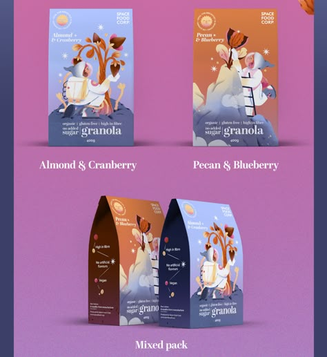 Spacefoodcorp Granola on Behance Granola Packaging Design, Nutrition Bowl, Character Graphic Design, Granola Packaging, Label Botol, Granola Brands, Packaging Design Trends, Cartoon Font, Branding Design Packaging