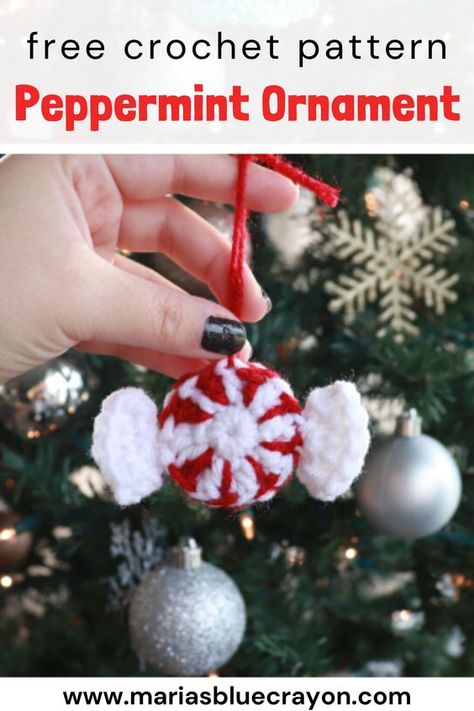 This little peppermint candy is an easy, quick, Christmast tree ornament crochet pattern. Crochet Peppermint Candy Free Pattern, Quick Diy Ornaments, Crochet Christmas Cookies Free Pattern, Hanukkah Crochet Patterns Free, Peppermint Crochet Pattern, Christmas Peppermint Decor, Quick And Easy Crochet Christmas Gifts, Crochet Christmas Ornaments Easy, Quick Crochet Christmas Ornaments