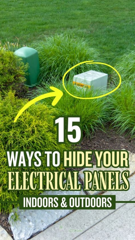 Discover the ultimate guide to ingeniously hide electrical panels and boxes, whether indoors or outdoors. Learn how to seamlessly integrate your electrical panel into your kitchen, living room, laundry room, or bedroom decor. Explore outdoor DIY solutions for concealing electrical boxes in the yard, on the house, or even on your deck. From using mirrors to clever indoor wall ideas, and integrating your electrical box into yard landscape designs, this post is packed with creative solutions. Ideas To Hide Electrical Boxes Outside, Hide Outside Electric Boxes, Water Heater In Laundry Room, Outdoor Electrical Box Cover, Hide Electrical Panel, Hide Cable Box, Cover Electrical Panel, Utility Covers, Hiding Ugly