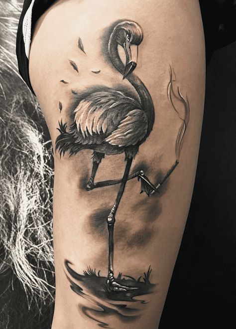 Flamingo Tattoo Black And White, Black And Grey Flamingo Tattoo, Black And White Flamingo Tattoo, Flamingo Tattoo Design, Superwoman Tattoo Ideas, Flamingo Tattoo Black, Flamingo Tattoos For Women, Pink Flamingo Tattoo, Tattoo Flamingo