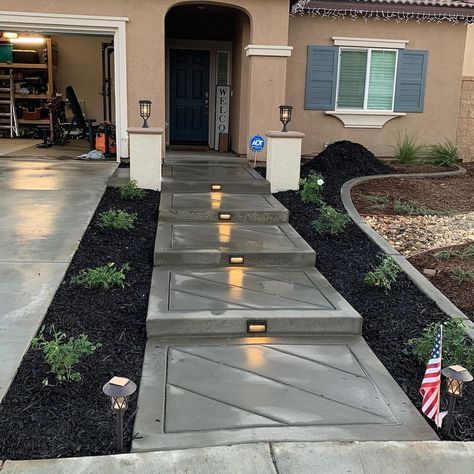 Front Door Walk Way Ideas, Front Yard Landscaping Ideas Corner Lot Curb Appeal, Concrete In Front Of House, Front Entry Walkway Ideas, Front Yard Concrete Walkway Ideas, Front Walkways Paths Entrance, Front Entrance Walkway Ideas, Concrete Side Yard, Front Yard Concrete Ideas