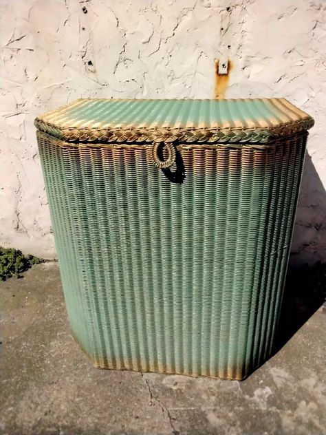 VINTAGE GREEN & GOLD LLOYD LOOM LUSTY WICKER RATTAN LAUNDRY BASKET STORAGE | eBay Rattan Laundry Basket, Laundry Basket Storage, Wicker Hamper, Laundry Bin, Lloyd Loom, Christmas Cottage, Vintage Laundry, Basket Storage, Vintage Wicker