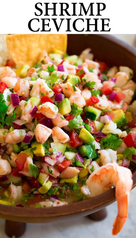 Easy Shrimp Ceviche (Ceviche de Camarón)! It's bursting with flavor and perfectly refreshing. Serve it as a chip dip or as a main entree over crispy tostada shells or rice. #ceviche #peruvian #mexican #seafood #shrimp #recipe Recipe With Cooked Shrimp, Mexican Ceviche Recipe, Shrimp Ceviche With Avocado, Tostada Shells, Mexican Ceviche, Shrimp Ceviche Recipe, Mexican Seafood, Seafood Shrimp, Cooked Shrimp