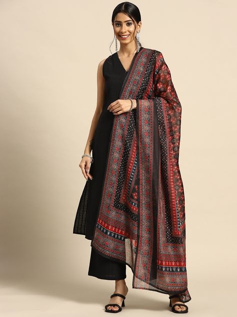 Buy Anayna Women Black Ethnic Motifs Pure Cotton Kurta With Palazzos & Dupatta - Kurta Sets for Women 17351572 | Myntra Indian Dress For Women, Party Wear Dresses Indian, Black Kurti, Sleeveless Kurta, Indian Dresses For Women, Stylish Kurtis Design, Lehenga Designs Simple, Ethnic Motifs, Indian Wedding Wear