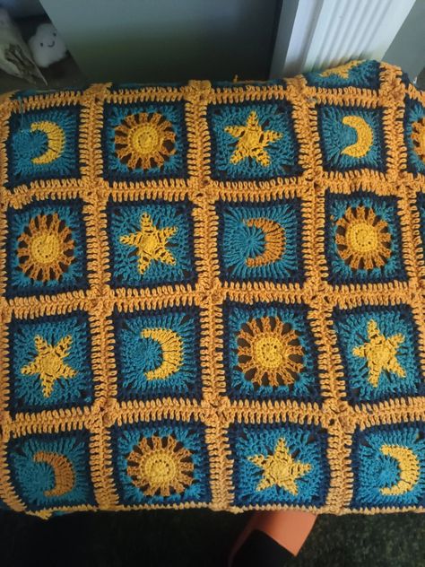 Sun Moon Star Crochet Blanket, Star Crochet Blanket, Celestial Crochet, Sun Crochet, Moon Blanket, Crochet Blanket Edging, Star Crochet, Star Blanket, Crochet Blanket Designs