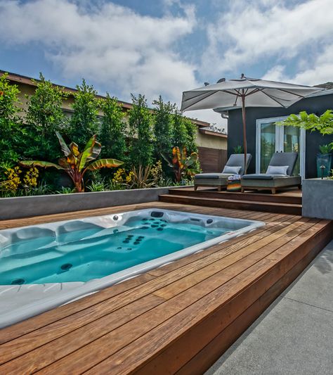 Backyard Ideas | Where should I put a Swim Spa? Swim Spa Landscaping Above Ground, Swimspa Ideas, Swim Spa Deck, Swim Spa Landscaping, Outdoor Swim Spa, Backyard Pool And Spa, Spa Deck, Spa Landscaping, Backyard Plans