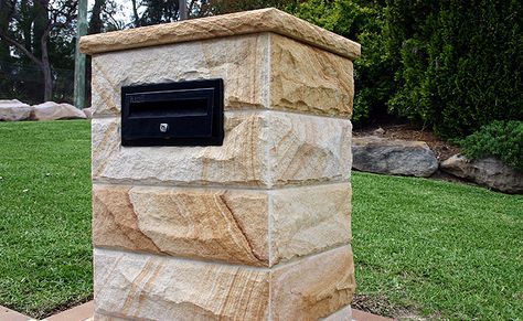 jayscape sandstone letterbox Water Feature Design, Stone Mailbox, Building A Fence, Stone Feature, Farmhouse Exterior, Beach Landscape, Front Entry, Letter Box, Water Feature