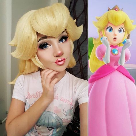 🍑👑💖 Tested out the makeup for my favorite peachy kween! The back of the wig still needs work, but I learned a lot from this test! Wigs:… Princess Peach Halloween, Peach Makeup Look, Makeup Palette Storage, Princess Peach Costume, Princess Peach Cosplay, Peach Cosplay, Peach Costume, Peach Makeup, Bridesmaid Dresses Boho