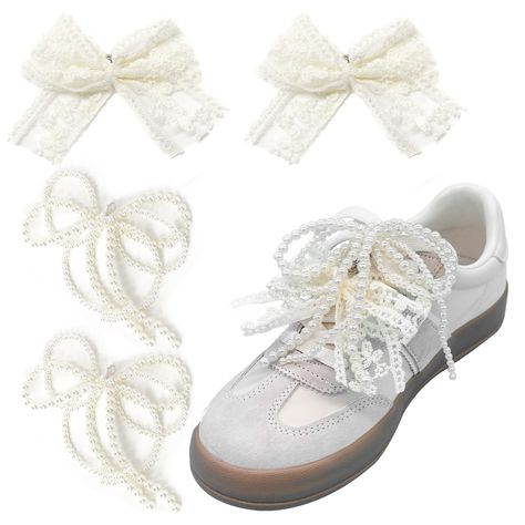 PRICES MAY VARY. Pearl Shoelace charms: These charming Bowknot decorations are crafted from lovely pearl bead strings and delicate lace fabric, blending elegance with a touch of sweetness. You can easily pair them with all sorts of shoes to refresh and elevate your footwear style, making it simple to switch things up and keep your look feeling fresh. Top-quality Materials: Made from premium artificial pearls and soft lace fabric, these ornaments are produced using careful craftsmanship. A specia Butterfly Shoelace, Pearls And Chains, Shoelace Charms, Samba Dress, Samba Shoes, Fresh Top, Pearl Shoes, Diy Shoe, Shoes Diy