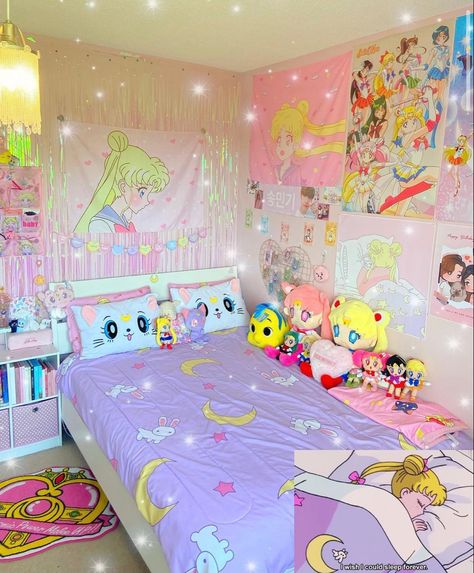 Sailor Moon Bedroom, Moon Inspired Bedroom, Sanrio Bedroom, Moon Bedroom, Kawaii Room Ideas, Homework Room, Kawaii Bedroom, Otaku Room, Cute Bedroom Ideas